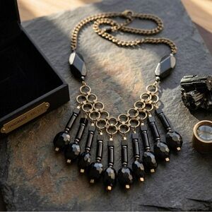 Antique Gold Onyx Chandelier Bib Necklace, Geometric Dark Academia Jewelry